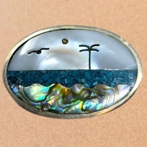 Mexico Alpaca Silver Pin-pendant Abalone Beach Scene Bird Palm Tree